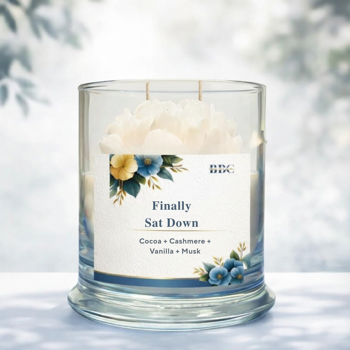 “Finally Sat Down” Cashmere & Cocoa candle by Blossom Blue Candles, in a glass jar with double cotton wicks