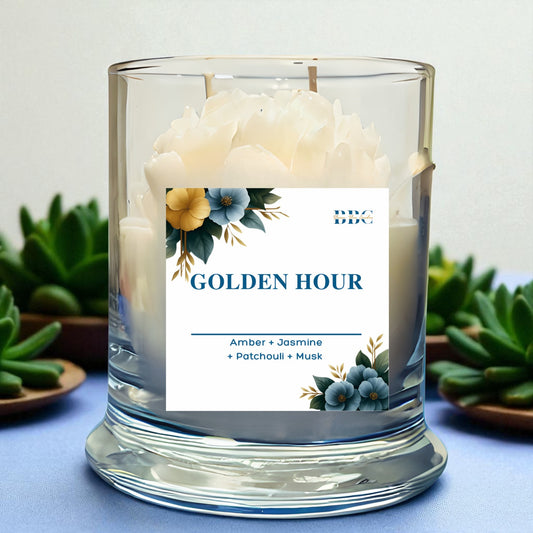 Luxury amber candle with warm evening glow